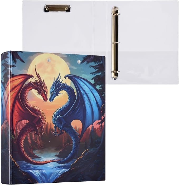 ALAZA 3 Ring Binder Red Blue Dragons Night Clipboard Round Ring Binder Holds 1.5 Inch Three Ring Binder Heavy Duty Ring Binders for Office Supplies, 1Pack