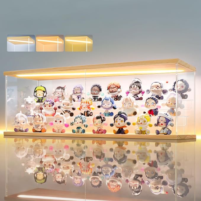 LANSCOERY LED Lighted Acrylic Display Case, 3 Tier Display Box for Collectibles and Action Figures, Clear Dustproof Organizer with Wooden Base – 23x6.5x7.4inch