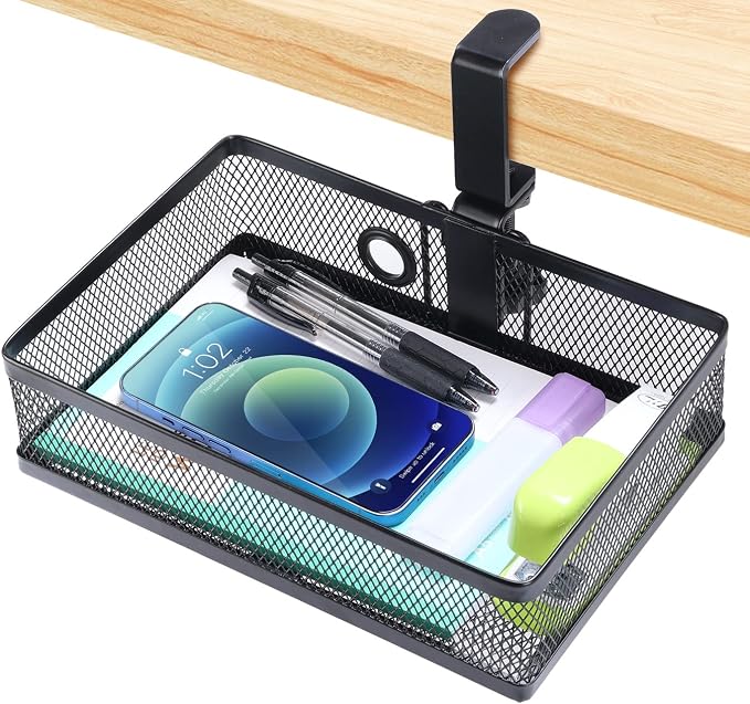 ROSYLINE Under Desk Storage Basket Hanging Drawer Tray, Clamp On Organizer | hickened C-Clamp, High Load No Deformation Sag-Proof, Steel Construction, Clip-On No Drill Mount, Office & Household Storage