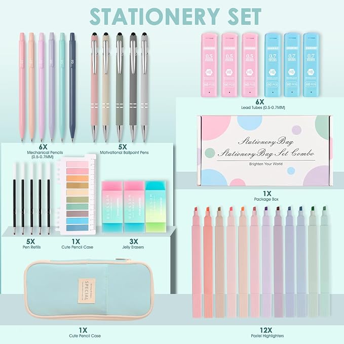 39PCS Aesthetic School Supplies with Cute Pencil Case, 5X Ballpoint Pens with Stylus Tip, 12X Pastel Highlighters, 6X Mechanical Pencil Set 0.5&0.7mm, Suit for Preppy School College Essentials(blue)
