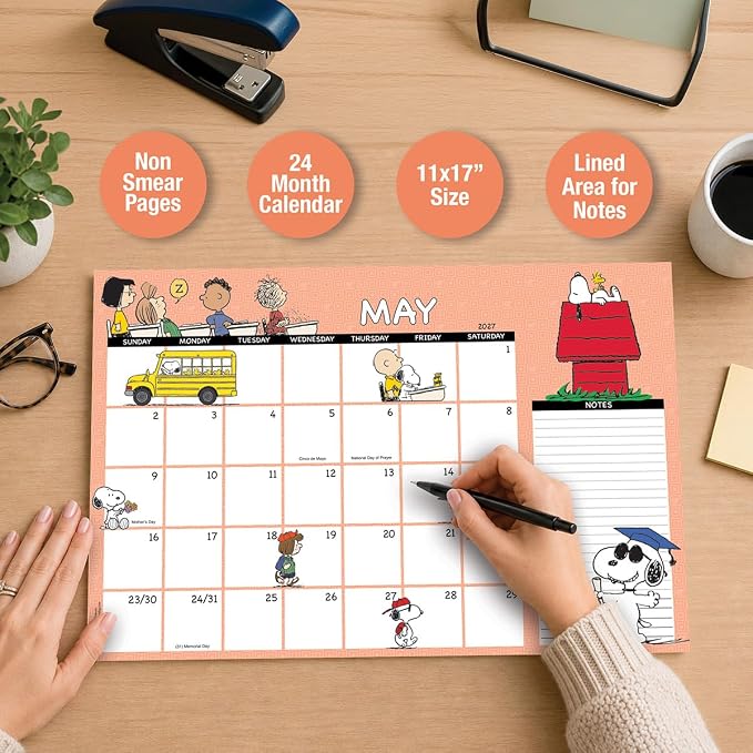 Current 2027-2028 Desk Calendar Pad | Peanuts, 11” x 16.25”, Large, 2024-Month, 12 page Designs, Self-Stick Magnet Strips