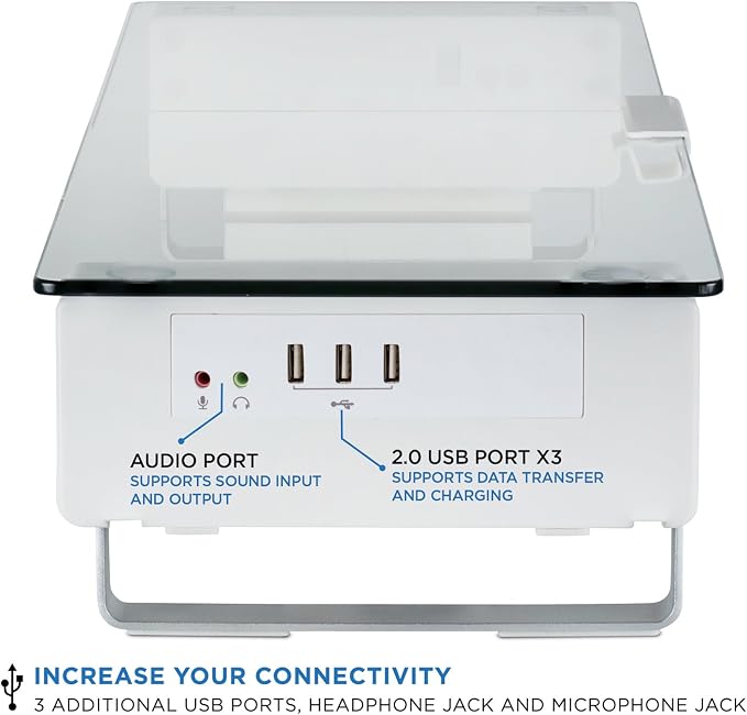 Mount-It! Glass Monitor Stand with 3 USB Ports, 66 lbs | Desktop riser fits 24, 27, 30 & 32 inch screens, adds convenient USB pass-through ports at desk level.