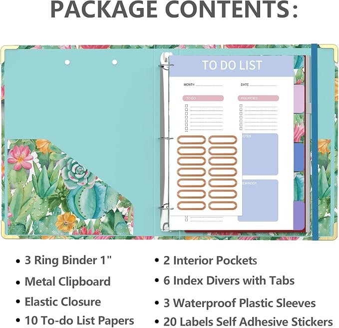3 Ring Binder, 1 Inches Round Ring Binder with Clipboard, Dividers Tabs, PVC Zipper Bag Sleeves & to Do List Planners, Decorative Binder for School, Office Supplies-Cactus Flowers