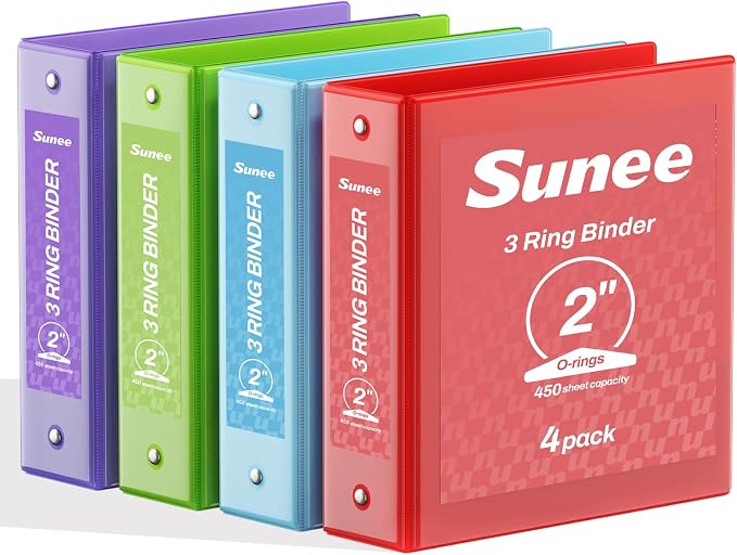 SUNEE Binders 2 Inch 3 Ring 4 Pack, 2" Classic 4-Color Binder Set (8.5x11 Inches) for Office, School or Home Supplies