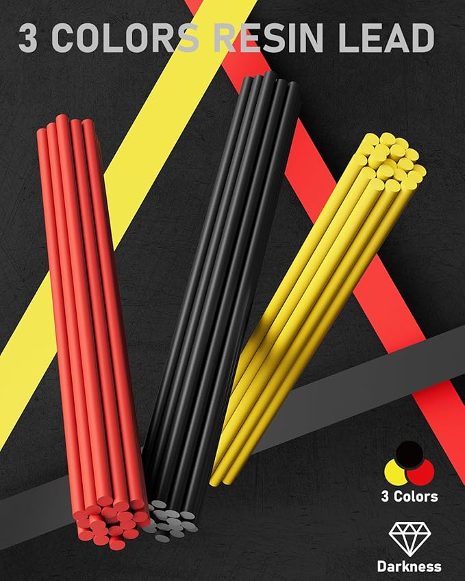 Four Candies 3PCS 1.3mm Mechanical Pencil Set with Case, Metal Heavy Duty Carpenter Pencils with 72 Refill(Red,Black,Yellow) 3Eraser, 16Eraser Refill, Weatherproof Body Outdoor Woodworking Marking