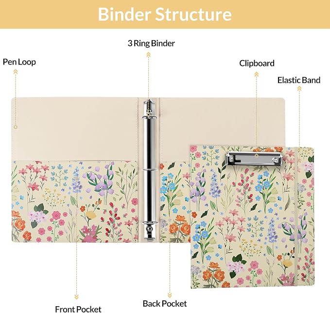 SKYDUE 1 Inch 3-Ring Binder with Clipboard, PU Aesthetic Binder with 5 Dividers, Notepad, Stickers & Pockets for Work and School (Letter Size)