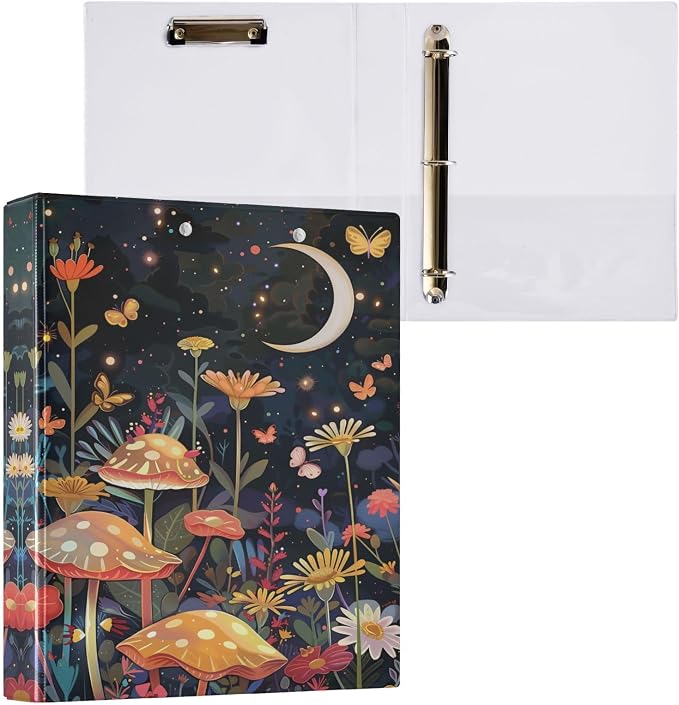 3 Ring Binder Mushroom Butterfly Moon 1.5 Inch Three Ring Binder | Cute Binder with 3 Storage Pockets for Women School Office Supplies