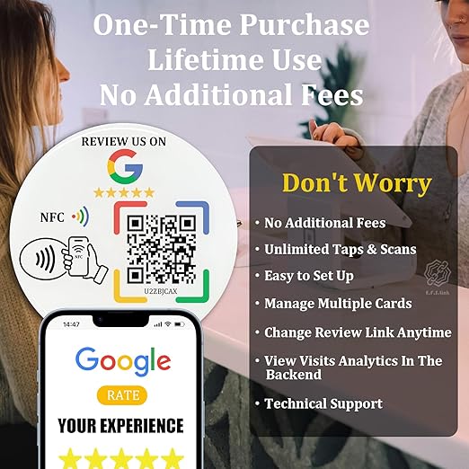 Epoxy Sticky Card with NFC Chip & QR Code - Compatible with Google Business Page for Customer Reviews, Boost Business Reviews, Essential for Small Businesses, No App, No Monthly Fee (White-1 card)