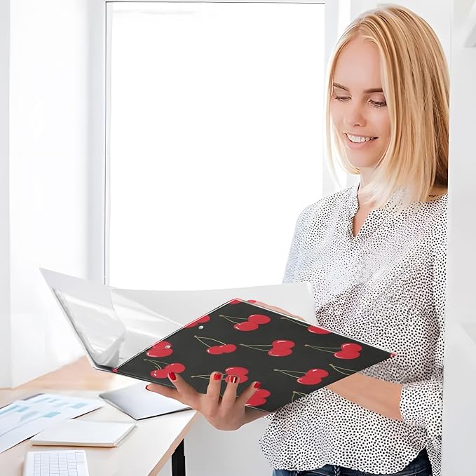 Caikeny 3 Ring Binder Red Cherry Black 1.5 Inch Binders Round Ring Clipboard with 2 Pockets for Office Supplies