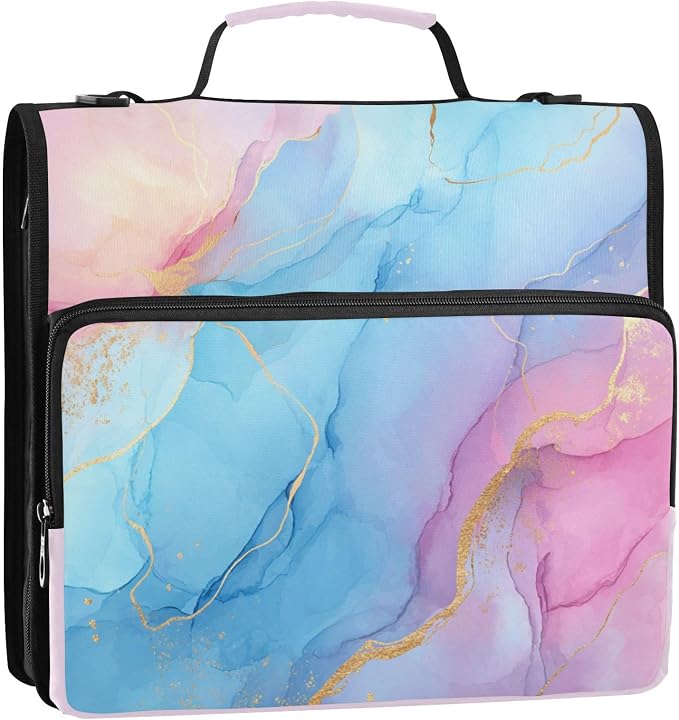 Blue Pink Marble Pattern 3 Ring Zipper Binder with Shoulder Strap & Handle 3 Inch D-Ring Zippered Bag with Pencil Pouch,Multiple Pocket & Expanding File Folder, Binder Organizer for School or Office