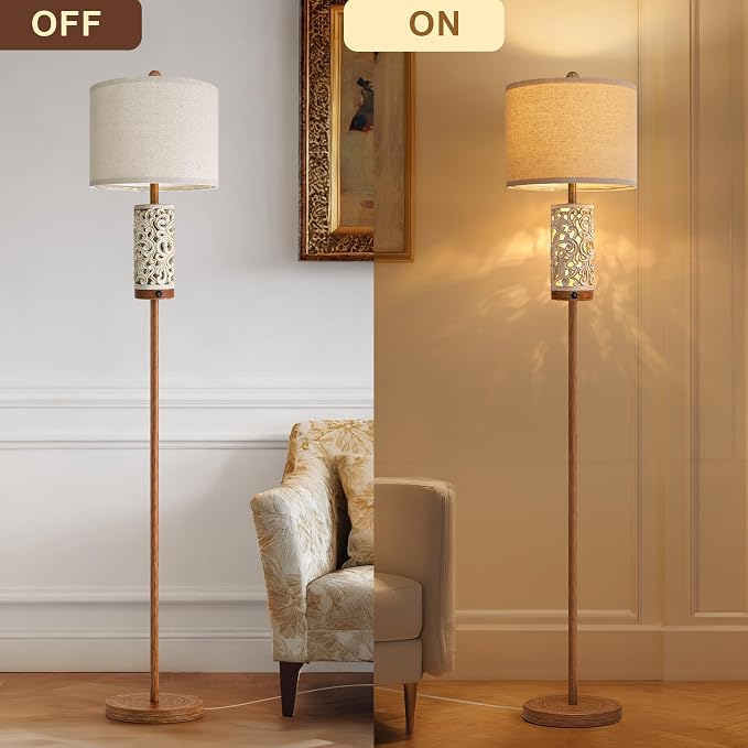 65" Floor Lamp with Night Light,Farmhouse Floor Lampfor Bedroom,Tall Floor Lamp for Living Room,Vintage Standing Lamp with Linen Shade,Boho Reading Lamp for Home Decor (Brown,Bulbs Included)