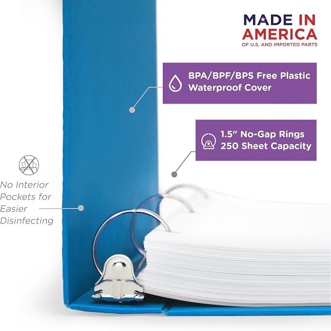 Carstens 1.5-Inch Heavy Duty 3-Ring Binder - Side Opening, Pool Blue, Durable Plastic, Precision No-Gap Rings, Waterproof Cover, No Pockets, Holds 250 US Letter Sheets, BPA-Free, Made in USA (1541-3R)
