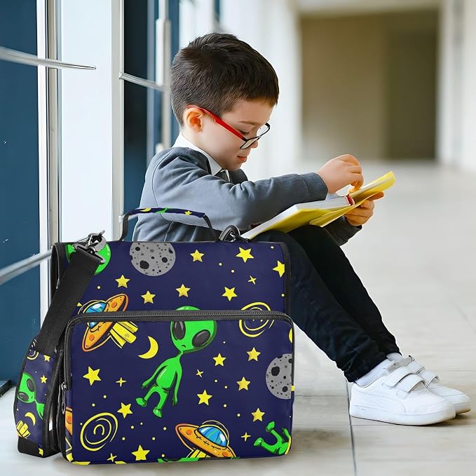 3 Ring Zipper Binder with Shoulder Strap Alien Space Cartoon 2 Inch Zippered Binder Bag 500 Sheet Capacity Multi Pockets for School Supplies