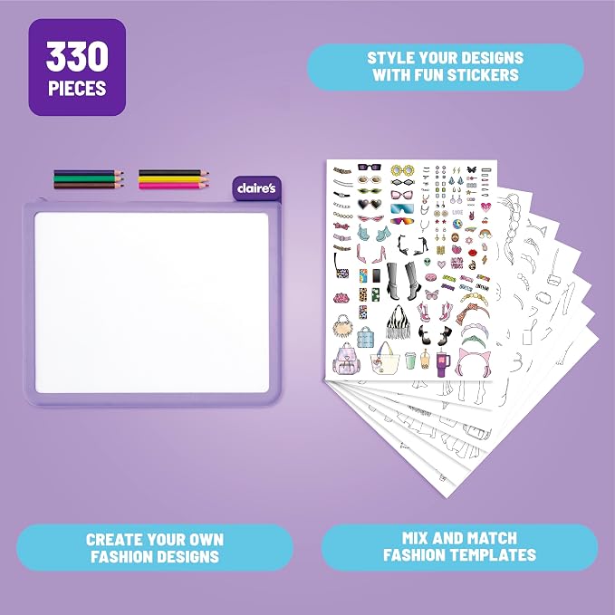 Claire’s Light-Up Fashion Designer LED Tracing Tablet - 330-Piece Arts & Crafts Kit| Fashion Templates, Stickers, Colored Pencils & Paper| Kids Coloring & Drawing Board Activity| Girls Toy Gift|Age 8+