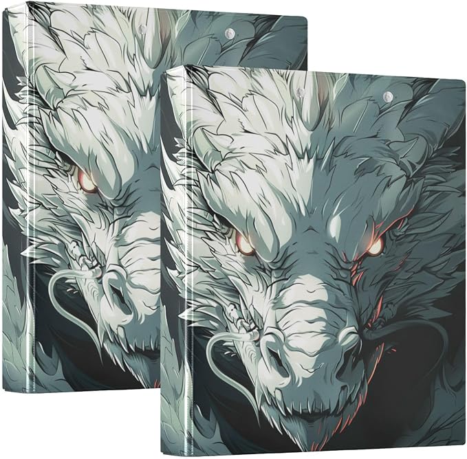 JIPONI 3 Ring Binder White Dragon Anime 1 Inch Round Binders for Men Women Students, Cute File Organizer for Office School, 2pcs