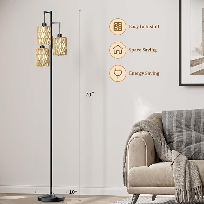 70" Floor Lamps for Living Room, Stepless Dimmable Boho Floor Lamp with 3 Bulbs, Tall Farmhouse Industrial Corner Standing Tree Lamp for Bedroom, Office, Study Room, Rattan with Linen Shade