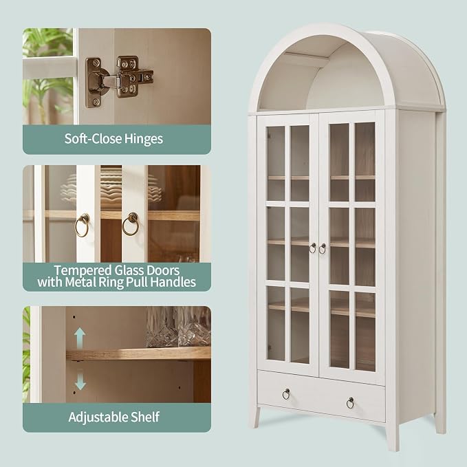 RowyPoey 71" Tall Arched Cabinet Bookshelf with Glass Door & Storage Drawer | Modern Farmhouse Display Cabinet,Adjustable Shelves,Wooden Kitchen Pantry for Dining Room,Living Room,Antique White,2 Pack