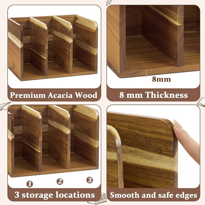 Novabright Acacia Wood File Magazine Holder Desk Organizer, 3 Vertical Compartments Workspace Sorters for Magazines, Binders, Notebooks, Envelopes
