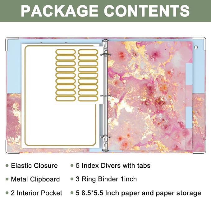 Rouidr Mini 3 Ring Binder with Clipboard, 1 inch Round 8.5 x 5.5 in Cute Binders Organizer with 5 Dividers Tabs & Clear Sleeves, School Supplies, Office Supplies, Pink Marble