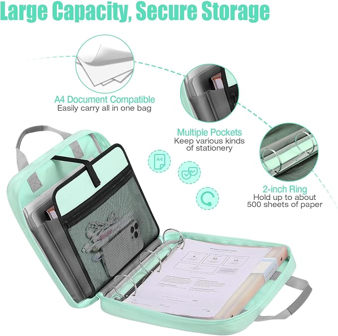 MoKo Zipper Binder, 2 Inch 3 Ring Binder with Zipper, 500 Sheet Capacity Zip Up Binders with Shoulder Strap Handle, Multi-Pocket Zip Up Binders for Middle School Student, Mint Green