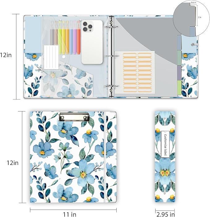 2 Inch 3 Ring Binder Organizer, Three Ring Binders with Clipboard, 5-Tabs Pockets Dividers, Plastic Folder, 18 Divider Stikers, KLLVE Decorative Binder with Pen Loop (Blue Flora, Letter Size)