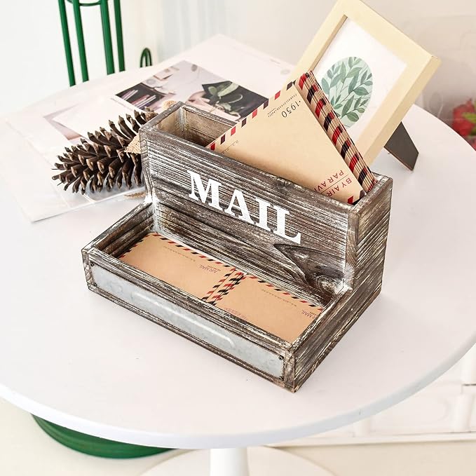 Farmhouse Wood Desktop Desk Mail Organizer with 2-Slot Desktop Mail Sorter Holder File Organizer Bill Paper Folder Office Desk Accessories Rustic Office Supplies Home Decor