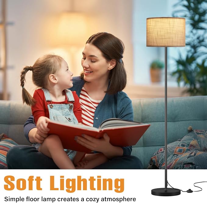 60'' Modern Floor Lamp with Shade, Tall Lamps for Living Room, Bedroom, Office, Dining Room, Linen Grey Shade with Black Pole(Without Bulb)