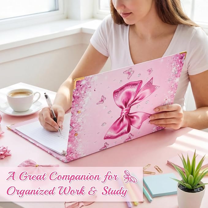 1 Inch 3 Ring Binder with Clipboard, Cute Binder Pink Bow Design, Holds 200 Sheets A4 Letter, Inside Pockets & 5 Tab Dividers, Pretty Classic Pink Binder for School Office Supplies(Pink Diamond Bow)