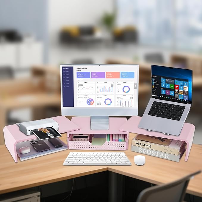 LEKETREE Dual Monitor Stand Riser with Drawer, Desk Organizer and Accessories, Pink Monitor Stand for Desk, Desktop Stand for Computer, Laptop, TV and More (Pink)