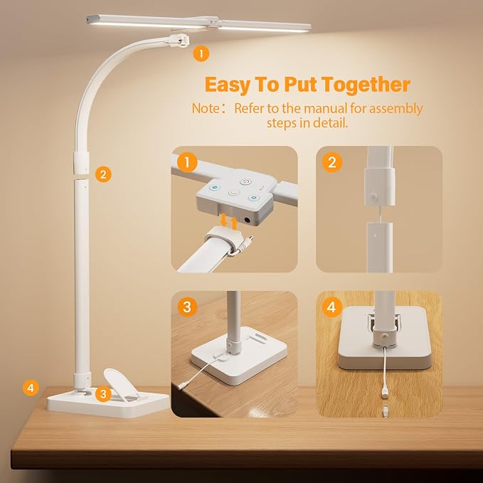 LED Desk Lamp with Base - Bright Dimmable Computer Lamp with Phone Holder, 24W Bendable Desk Light for Monitor Screen, Eye-Caring Tall Desktop Light for Task Home Office Work, White, Dual Head