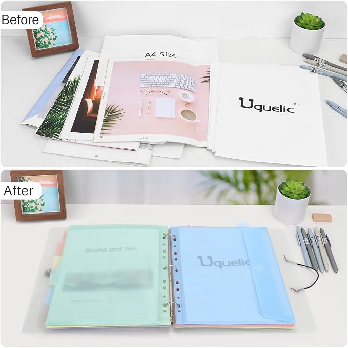 Uquelic A4 Binder, Folio Document Organizer, 3 Ring Folder Letter Size | Cute 12-Pocket Life Binder for Paper, Files, Photos, Letters, Cards (Clear-Macaron)