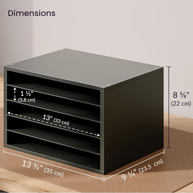 Ballucci 5 Tier Paper Organizer Letter Tray, Wood Desk File Organizer with Adjustable Shelves, Home Office School Letter/A4 Mail Sorter Magazine Holder - Black
