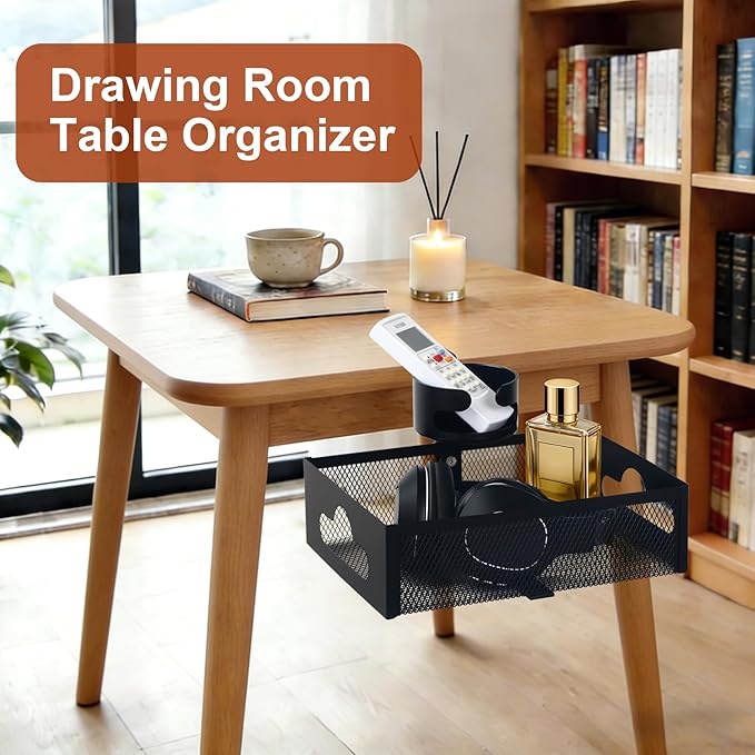 Under Desk Organizer 360° Swivel with Cup Holder,Holds Up to 7lbs | 360° rotation,no-drill clamp,holds up to 7lbs, cup holder,mesh storage,office/kitchen/art use