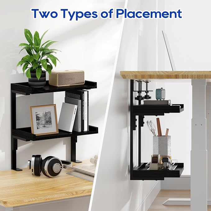 Clamp On Desk Shelf 2-Tier, 12.6 inche Wood Shelving Unit for Office Desk/Gaming Accessories, Tabletop Book Storage Rack, Shelf for Top & Under of Desk, Black