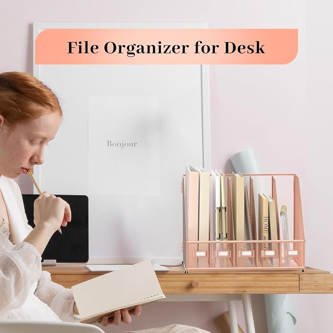 Desk Organizers Metal Desk Magazine File Holder with 5 Vertical Compartments Rack File Organizer for Office Desktop, Home Workspace, Rose Gold