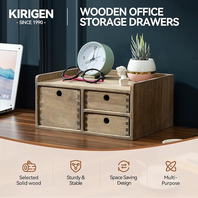 KIRIGEN Wooden Desk Organizer with 3 Drawers and Top Tray, Brown DT1D3C-DBR | 3-Drawer Cabinet with Top Tray Stores Office Supplies, Toiletries, Tools, Crafts, and Small Accessories on Desks or Counters