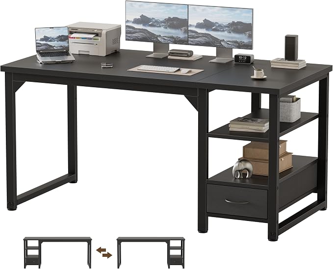 54 in Computer Desk with Drawer, 1" Thick Reversible Office Desk | Large Modern Writing Table with Storage Shelves, Heavy Duty Industrial Executive Desk for Home Bedroom Study Work