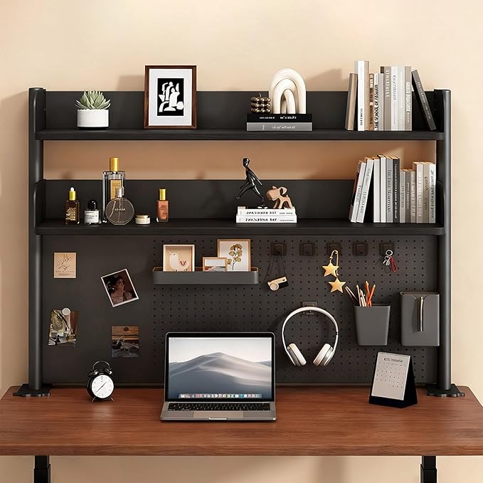 Clamp On Desk Shelf Organizer with Pegboard Desk Hutch Dorm with Storage Bookshelf Desk Top Organizer Shelf Multi-Purpose White & Black Desktop Shelves & Office Shelves (Black, W - 31.5")