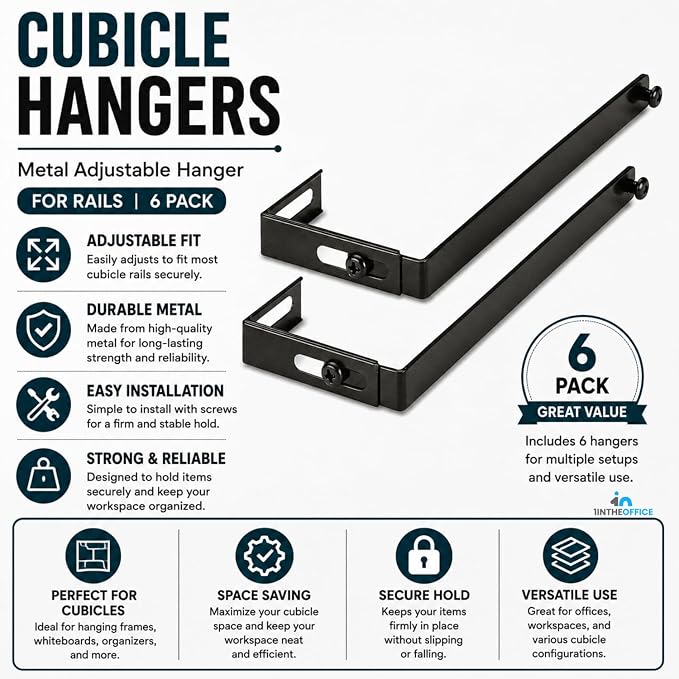 1InTheOffice Cubicle Hangers, Metal Adjustable Hanger, Cubicle Hanger for Rails 6 Pack