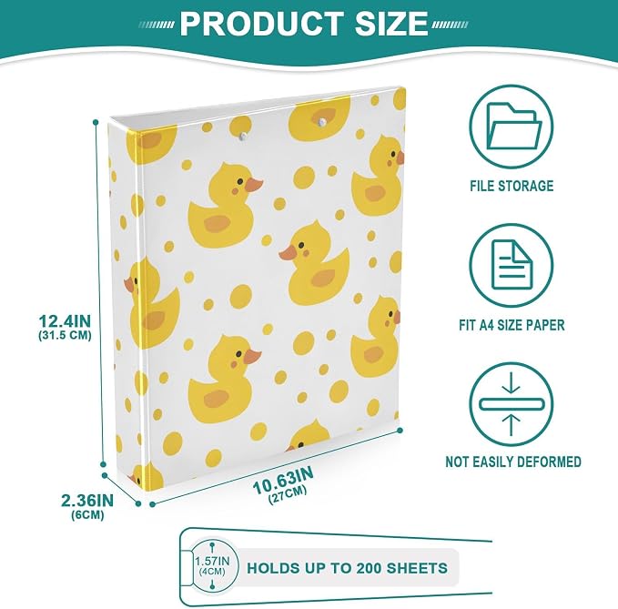 3 Ring Binder Cute Yellow Ducks 1.5" Round Ring Binders View Binder with 200 Sheet for Kids School Supplies Women Men Office, 1 Pack