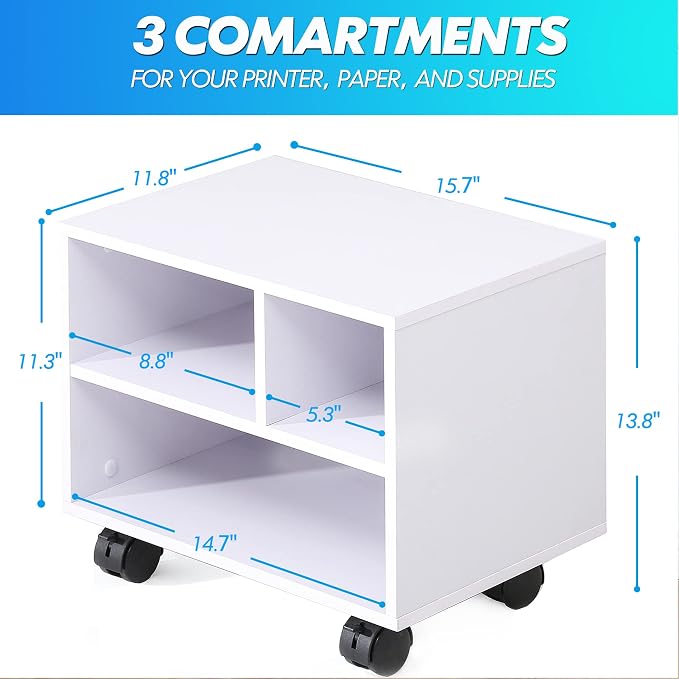 FITUEYES Printer Stand Under Desk, Small Wood Mobile Printer Table, White | Work Cart on Removable Casters, with 3 Storage Organizer Compartments for Home Office, 15.7 in. W x 11.8 in. D x 13.8 in. H