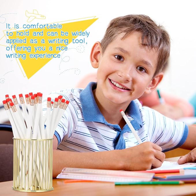 Outus 24 Pieces Round Pencils Cute HB Graphite Wood Pencils Bulk with Eraser for School Writing Drawing Sketching Wedding Office Supplies(White)