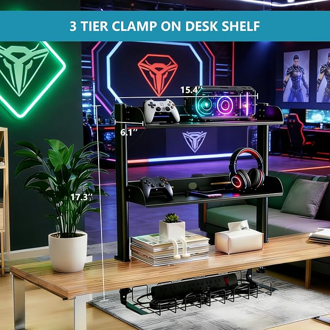 Clamp on Desk Shelf,3 Tier Desktop Organizer,Adjustable Clamp on Desk Top Organizer with Under Desk Hidden Storage Basket&Hooks,No Drilling Desk Clamp Storage Shelves for Working Gaming Accessories