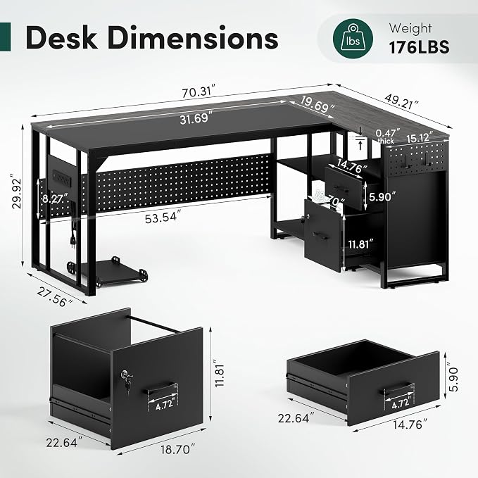 MALOL 70.3" Reversible L-Shaped Office Desk with Power Outlet Computer Desk | Large Executive Desk with Locked File Drawers & Storage Shelves, Pegboard, Mobile CPU Stand, Modern Corner Desk, Grey