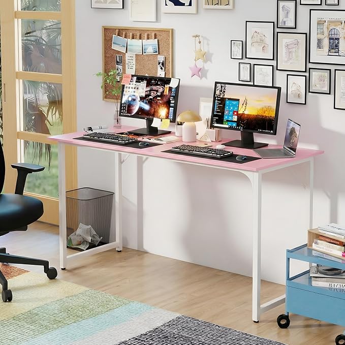 PayLessHere | 55 Inch Computer Desk | Pink | Office Desk with Metal Frame, Adjustable Feet | Water-Resistant, Scratchproof Surface | Sturdy Writing Table for Home Office or Study | Pack of 1
