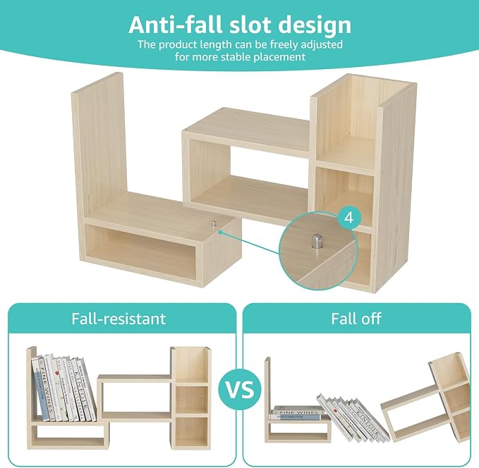 NUTIKAS Desk Shelves Desktop Organizer Shlef - Natural Wood Tone Office Organization for Top of Desk Organizers and Accessories Corner Bookshelf Table Top Shelving Small Hutch Decorations for Office