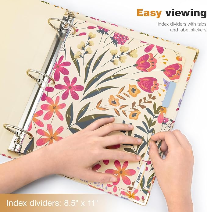 Ospelelf 3 Ring Binder, 2 Inch Letter Size (11" x 8.5") with 5 Tab Dividers, File Folder Labels and Low Profile Clipboards, Floral Binder for School and Office Supplies