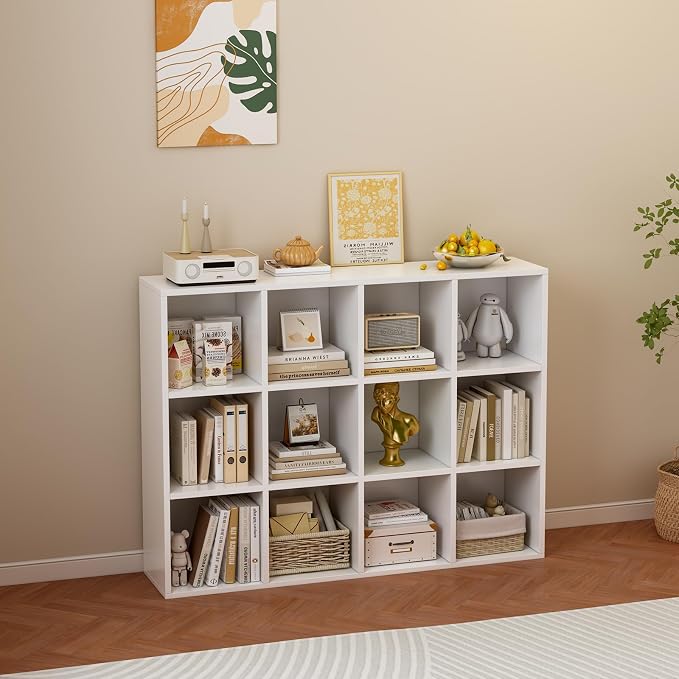 12-Cube Storage Shelf Bookcase, Warm White | Wooden 3-Tier Open Bookshelf, Fits 11×11" Bins, Vertical or Horizontal Use, Full Back Panels, For Home Office