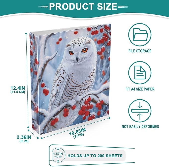 Winter Beautiful Owl with Red Berry Tree 3 Ring Binder 1.5" Decorative D-Ring Binder with Clipboard&3 Clear Pockets, Holds 200 Sheets A4 Size Paper Waterproof Binders for School Home Office|2 Pack