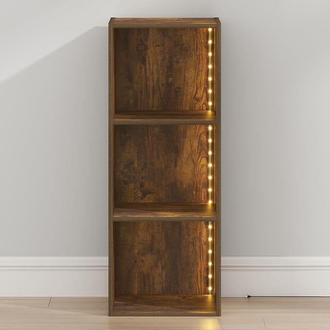 Furinno LUDER Book Shelf with LED Lights, 3-Cube Bookshelf, Bookcase, 9.3 x 12 x 31.5, for Home Office, Living Room, Study Room, Amber Pine